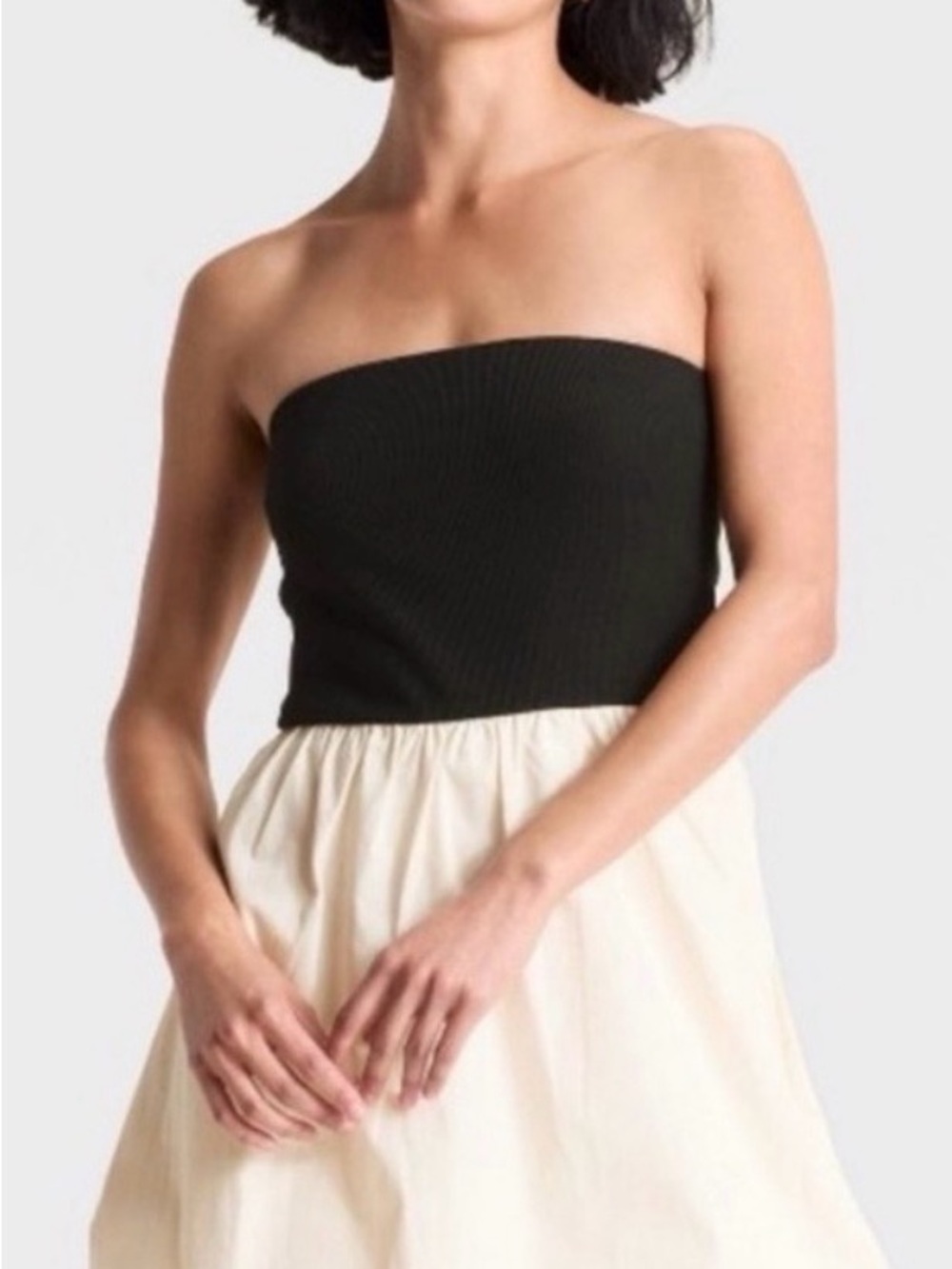 Women's Strapless Bubble Hem Mini Dress - A New Day Black and Cream Colorblock